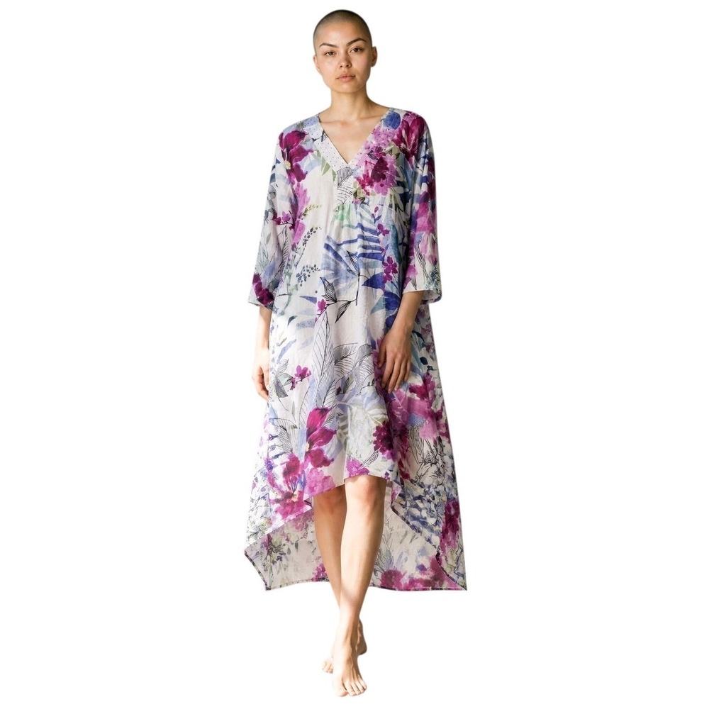 La Cera High-Low Printed Caftan Women's Large Floral 3/4 Sleeve Midi Pockets